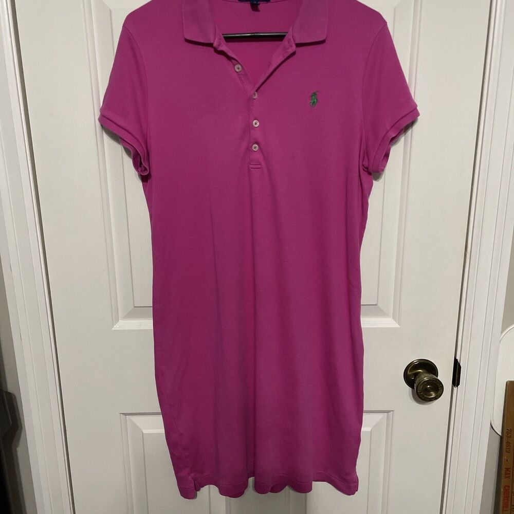 Ralph Lauren Cotton Stretch Polo Dress size Large Hot Pink Green Pony Preppy Y2K